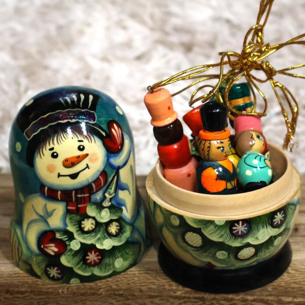RARE Russian Nesting Snowman Doll Christmas Ornaments Hand Crafted Painted VTG